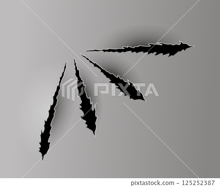 Bear or tiger claw mark. Scratches and torn traces of vector animal paw slashes. Hole in sheet of paper with torn edges. Vector illustration 125252387