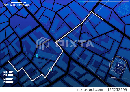 Navigation map game. Futuristic UI for city streets roadmap, gps orientation, app vector template. Road direction in digital navigation map on screen display 125252399
