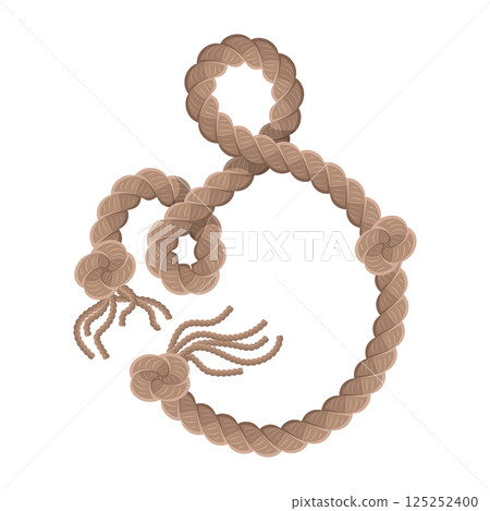 Hanging rope with tassel and node. Knitted nautical thread or marine vertical fiber. Textile tassel hang at rope isolated on white background. Vector illustration Hanging rope with tassel and node. Knitted nautical thread or marine vertical fiber. Textile tassel hang at rope isolated on white background. Vector illustration 125252400