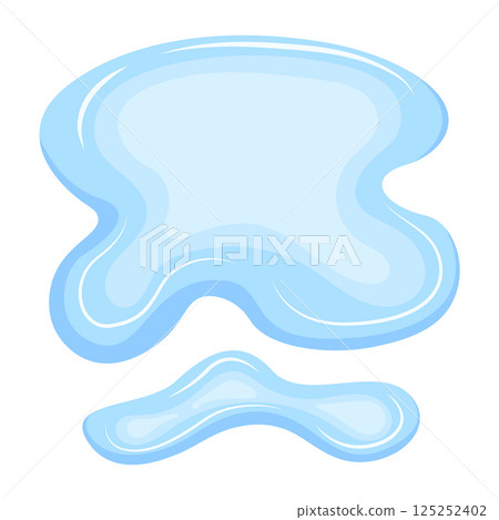 Water spill puddle. Blue liquid shape in flat cartoon style. Clean fluid drop design element isolated on white background 125252402