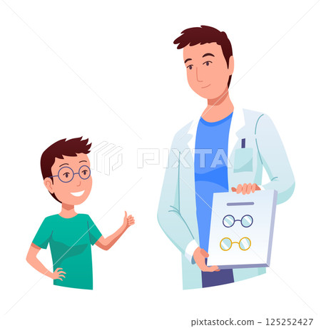 Eyesight diagnostics. Optometrist checking kid eyesight. Eyes test procedure in hospital. Ophthalmologist doctor examining eyesight vision of patient 125252427