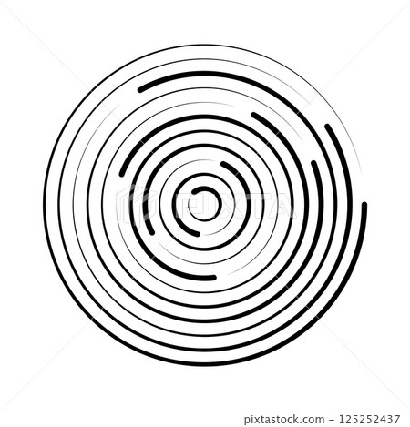 Halftone speed lines circle. Geometric art in circle form. Round swirl movement symbol. Halftone circular frame. Vector design element 125252437