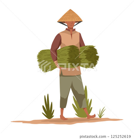 Asian farmer in straw conical hat. Asia rural culture. Chinese farmer carrying yields harvest in his hands. Vector cartoon illustration Asian farmer in straw conical hat. Asia rural culture. Chinese farmer carrying yields harvest in his hands. Vector cartoon illustration 125252619