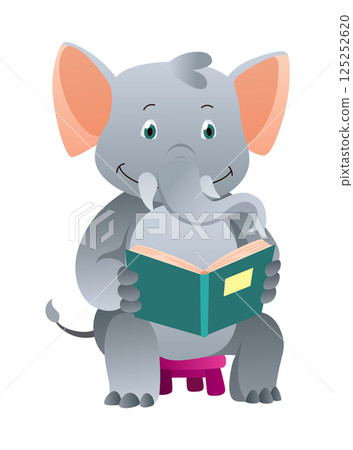Animal reading book and studying, cute baby elephant. Kid character reading book. Cartoon symbol for school education and library. Vector illustration for children 125252620