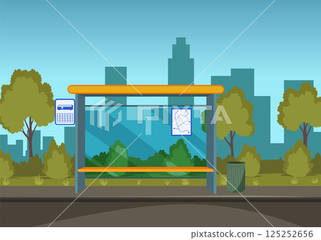 Empty bus stop, shelter from rain. Public transport place. Outdoor urban street. Cartoon flat vector illustration Empty bus stop, shelter from rain. Public transport place. Outdoor urban street. Cartoon flat vector illustration 125252656