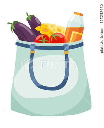 Shopping bag products grocery. Different food and beverage products, grocery shopping. Grocery supermarket. Fresh organic food and drinks. Grocery delivery concept 125252680