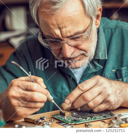 Senior technician soldering microcircuit on motherboard in electronics laboratory 125252711