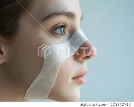 Young Woman Applying Kinesio Tapes for Face Lifting 125252713