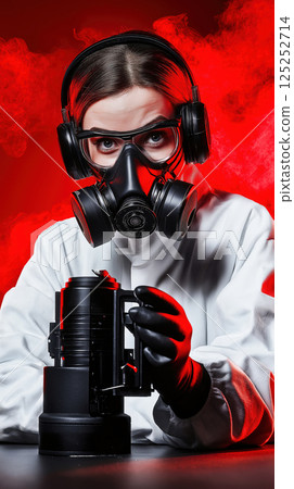 Scientist wearing gas mask and headphones analyzing toxic substance 125252714