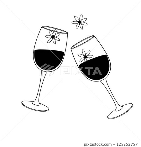 two glasses of wine and daisy flowers black and white vector illustration 125252757