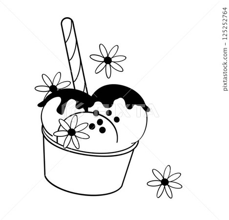 ice cream scoops with daisy flowers in a cup black and white vector illustration ice cream scoops with daisy flowers in a cup black and white vector illustration 125252764
