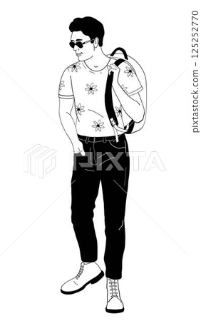 man with backpack in daisy flower pattern shirt black and white vector illustration 125252770