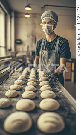 Baker wearing protective mask arranging dough for baking bread in rows on industrial belt 125252775