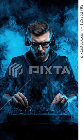 Professional disc jockey mixing music on console in nightclub with blue smoke 125252795