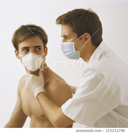 Doctor wearing mask examining patient's neck Doctor wearing mask examining patient's neck 125252796