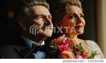 Senior Couple Getting Married Posing with Bouquet on Wedding Day 125252798