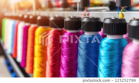 Embroidery machine working with colorful threads in a textile factory 125252799