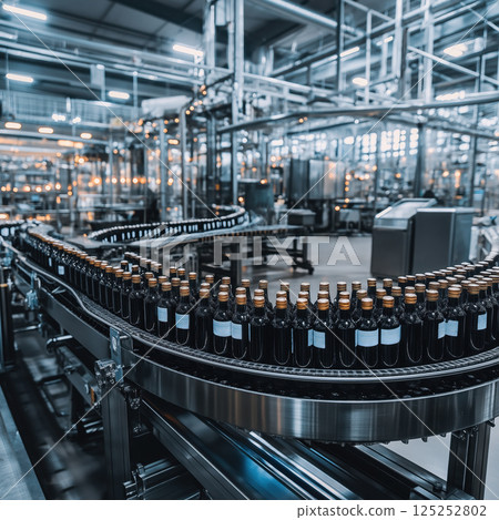 Wine bottles moving on conveyor belt in modern winery factory 125252802