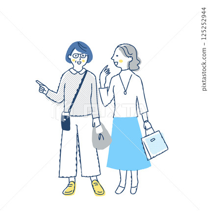 Two middle-aged/senior women walking together with smiles Two middle-aged/senior women walking together with smiles 125252944