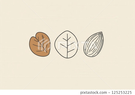 Modern abstract line art showcases an almond and a walnut alongside elegant leaf designs on a neutral beige background. 125253225