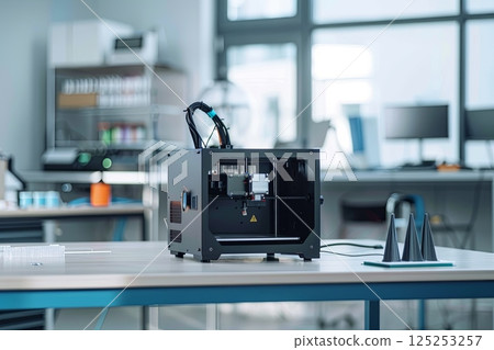 A 3D printer with product prototypes is displayed on a table, highlighting advanced engineering and prototyping work in a laboratory setting. A 3D printer with product prototypes is displayed on a table, highlighting advanced engineering and prototyping work in a laboratory setting. 125253257