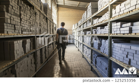 Factory worker walking in brick warehouse aisle 125253356