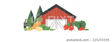 This design showcases a rustic barn surrounded by an array of fresh vegetables, embodying a clean modern aesthetic ideal for farm products promotion. 125253395