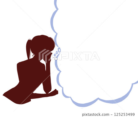 A woman deep in thought, sighing, silhouette, cloud-shaped speech bubble. A woman deep in thought, sighing, silhouette, cloud-shaped speech bubble. 125253499