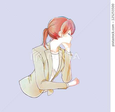 A female office worker resting her chin on her hands A female office worker resting her chin on her hands 125253500