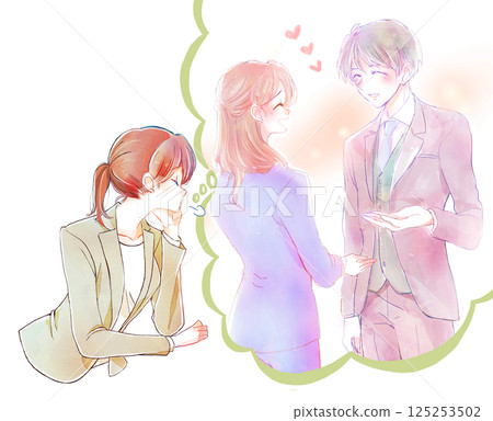 一位女職員在想像一對友善的辦公室情侶時嘆了口氣 一位女職員在想像一對友善的辦公室情侶時嘆了口氣 125253502