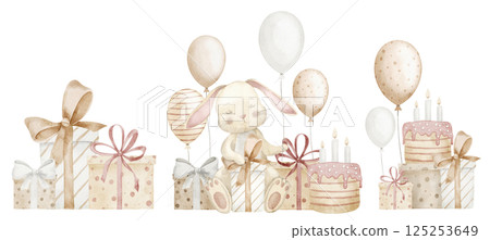 Watercolor illustration with cute Birthday Bunnies, balloons, gifts and cakes in soft pastel colors. Drawing of Rabbit and presents for baby shower greeting cards or newborn party invitations. Watercolor illustration with cute Birthday Bunnies, balloons, gifts and cakes in soft pastel colors. Drawing of Rabbit and presents for baby shower greeting cards or newborn party invitations. 125253649