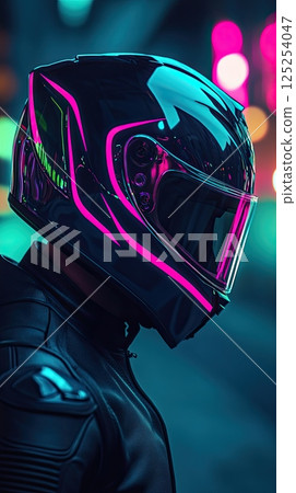 Close-up of a modern motorcycle helmet with neon lights and leather suit, sci-fi cyberpunk style. 125254047