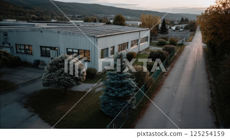 Geometric Building Exterior with Landscaping and Gravel Road 125254159