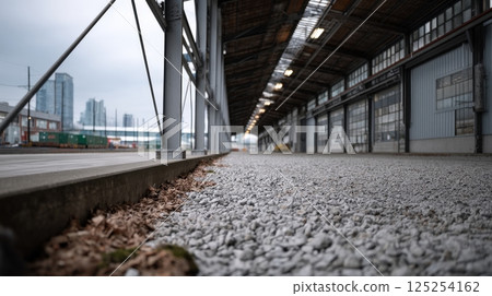 Gravel Pathway Under Industrial Structure, City Skyline Background Gravel Pathway Under Industrial Structure, City Skyline Background 125254162