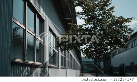 Grey Industrial Building with Green Tree and Sunlight Grey Industrial Building with Green Tree and Sunlight 125254177