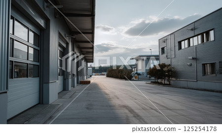 Grey Industrial Buildings and Paved Road Under Cloudy Sky Grey Industrial Buildings and Paved Road Under Cloudy Sky 125254178