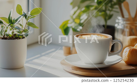 cozy coffee scene with steaming cup, plants, and pastries 125254230
