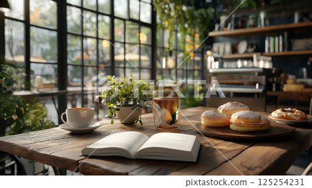 cozy cafe scene with book, coffee, and pastries on wooden table 125254231