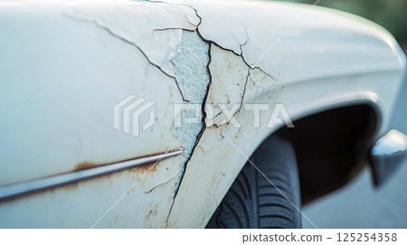 Severe crack and paint damage on white car body close-up. 125254358