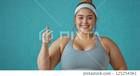 Cheerful sporty woman showing thumbs up, smiling with confidence against a blue background. Cheerful sporty woman showing thumbs up, smiling with confidence against a blue background. 125254361