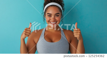 Cheerful sporty woman showing thumbs up, smiling with confidence against a blue background. Cheerful sporty woman showing thumbs up, smiling with confidence against a blue background. 125254362