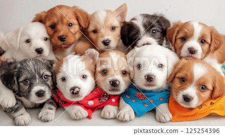 Cute puppies in colorful bandanas, showcasing playful expressions and joy 125254396