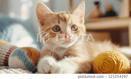 playful orange tabby kitten surrounded by colorful yarn balls, looking curious 125254397