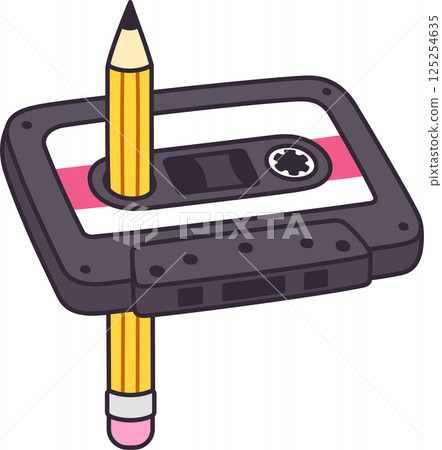 Cartoon retro cassette tape with pencil 125254635