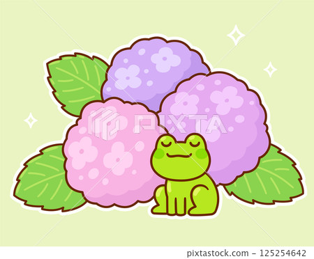 Cute cartoon frog and Hydrangea flowers Cute cartoon frog and Hydrangea flowers 125254642
