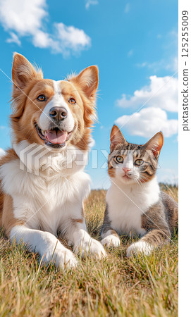 Happy dog and cat relaxing together in sunny field 125255009