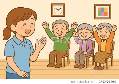 Caregivers doing recreational activities with elderly people 125255169