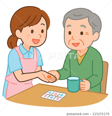A female caregiver managing medication and an elderly person (transparent background) 125255178
