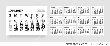Monthly calendar layout for 2026. Planner diary. 125255257