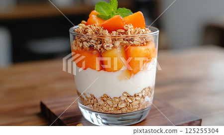 Fresh yogurt parfait with granola and ripe papaya topping 125255304